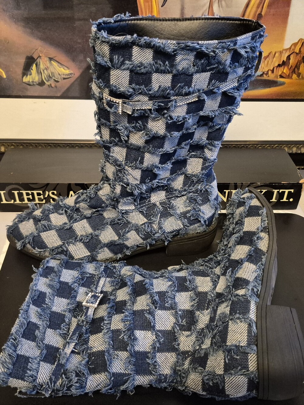 New Without Tags Blue Denim Fringe Boots W/Rhinestone Accents Size 9.5 - Picture 11 of 12